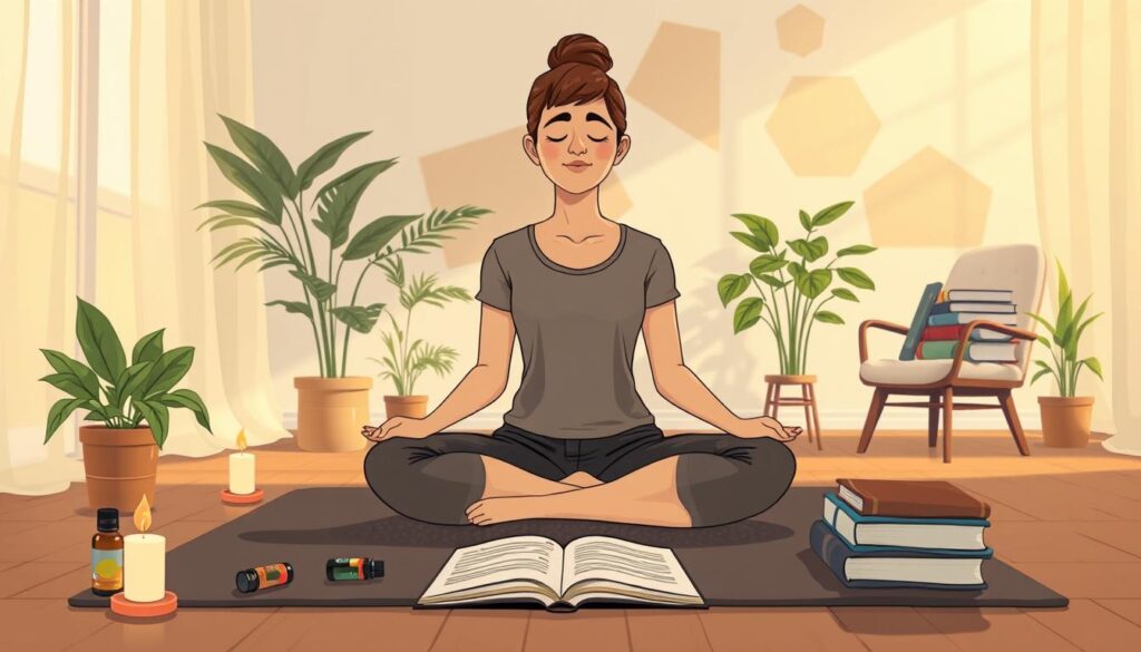 A softly lit meditation space with sheer curtains, a person sitting cross-legged on a yoga mat with eyes closed, an open journal, a candle and plants nearby.
