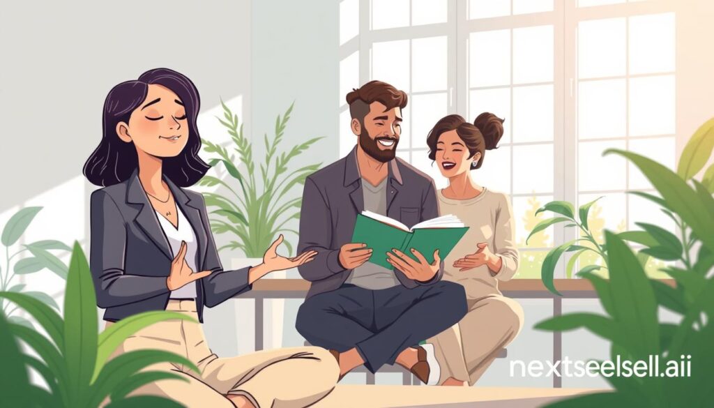 A bright, naturally lit workspace where four people practise self-awareness: one meditates with eyes closed, one writes in a reflective journal beside plants, and two talk warmly, sharing insights.